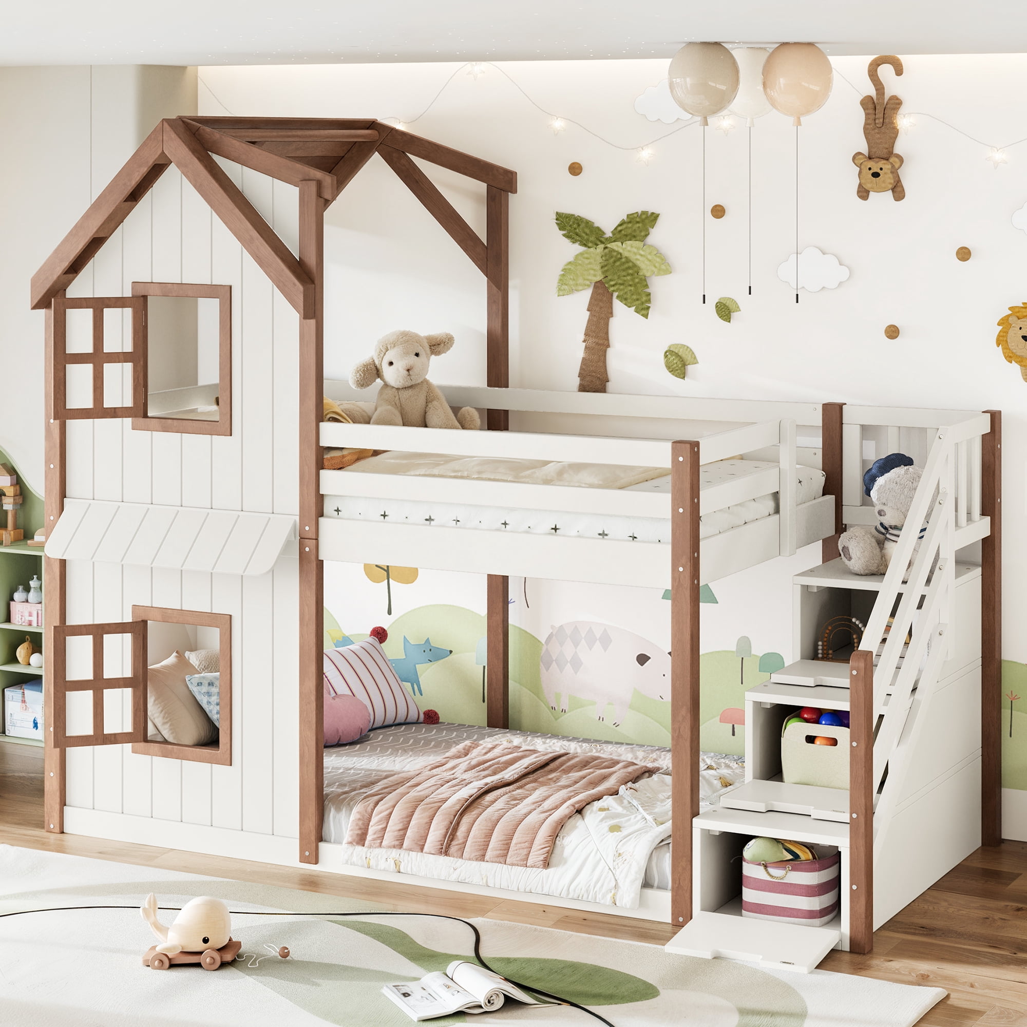 Leumius Twin over Twin House Bunk Bed with Storage Stairs, Kids Playhouse Bunk Bed with Roof and Windows, Solid Wood Bed Frame with Multifunctional Lower Space, Beige & Natural