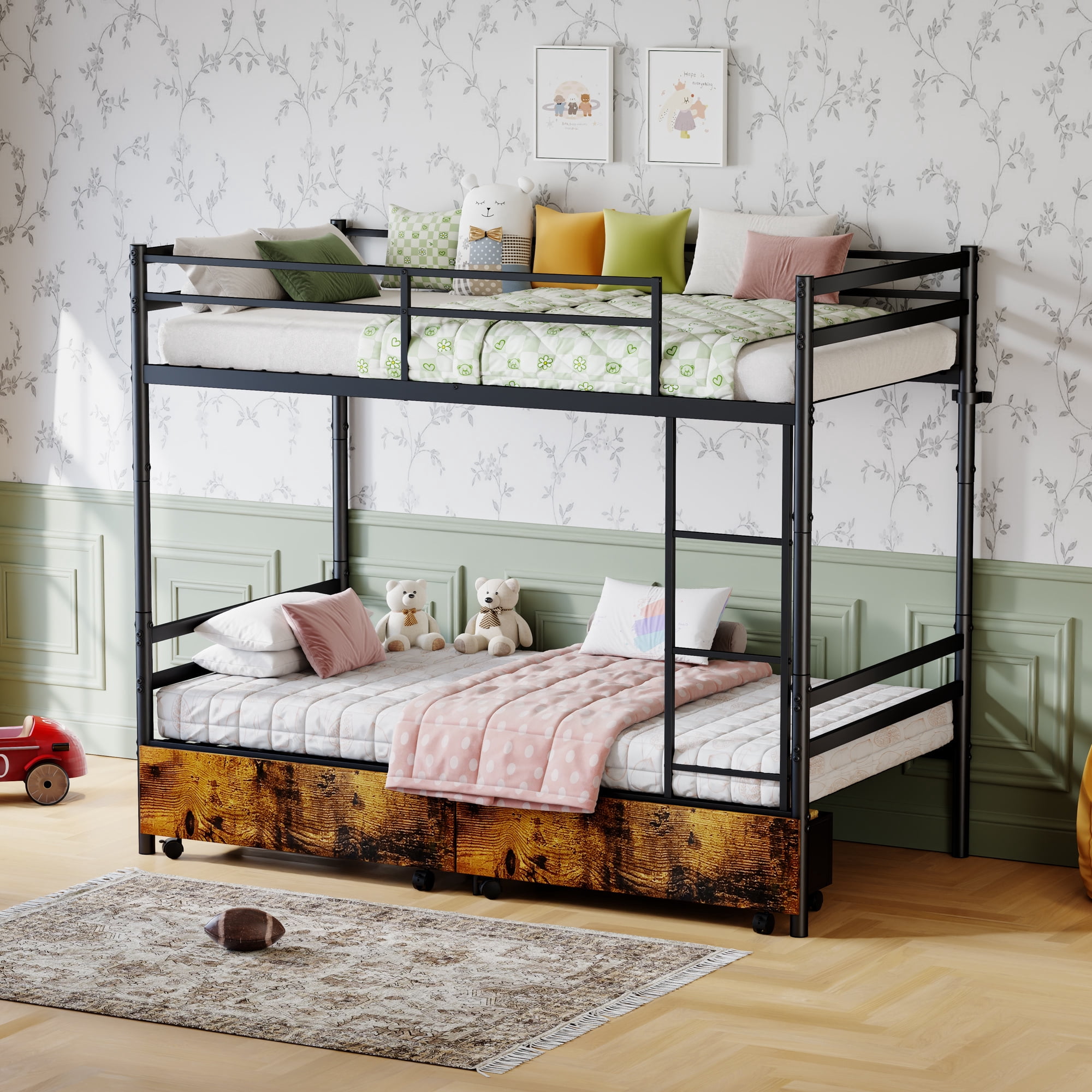 Leumius Twin Over Twin Metal Bunk Bed Frame with 2 Storage Drawers on Wheels, Heavy Duty Bunk Bed with Full-Length Guardrail & Side Ladder, No Box Spring Needed,Black