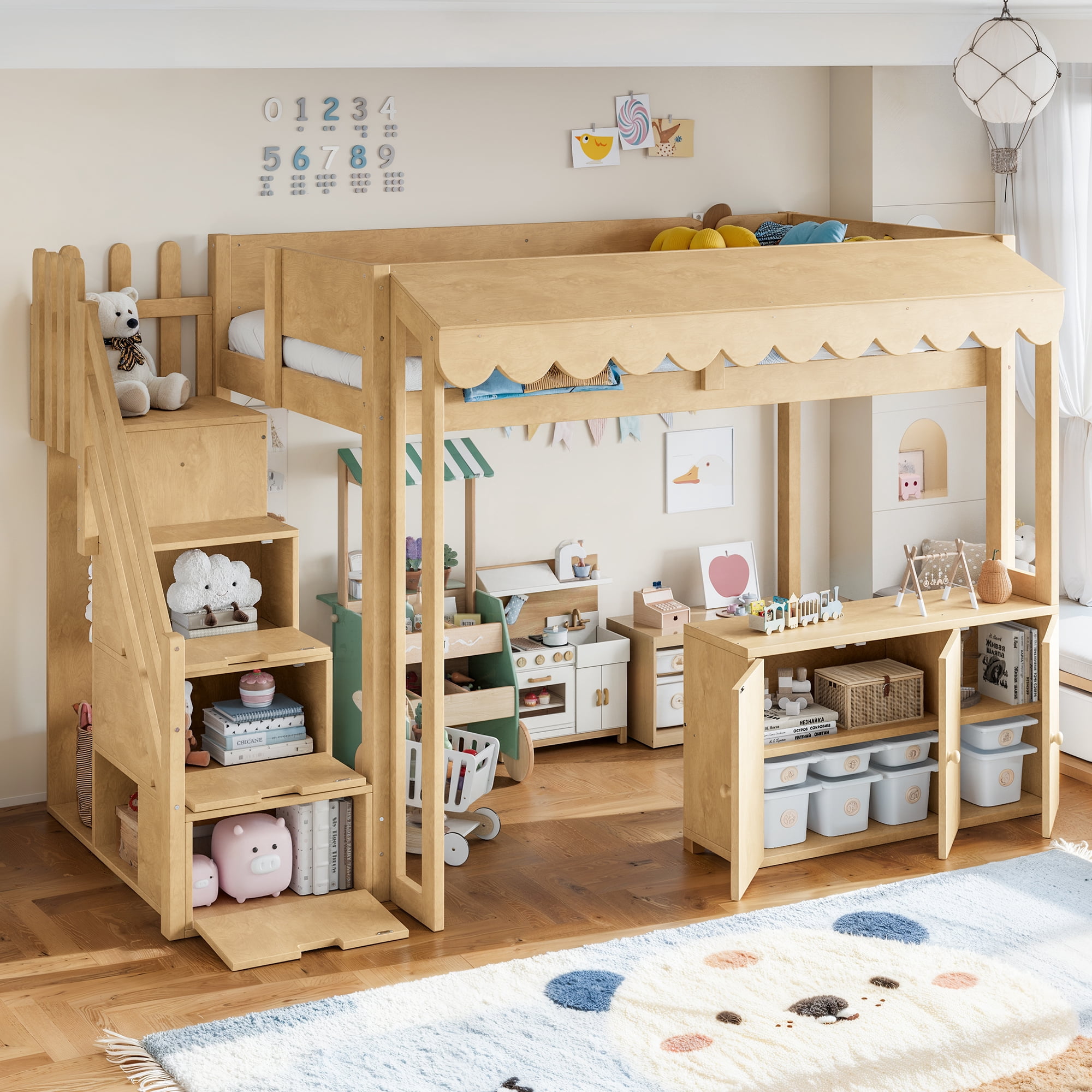 Leumius Twin over Twin Size Playhouse Loft Bed with Storage Stairs, Solid Wood Loft Bed with Pretend Convenience Store Counter, Convertible Underbed Space for Sleep or Play Natural