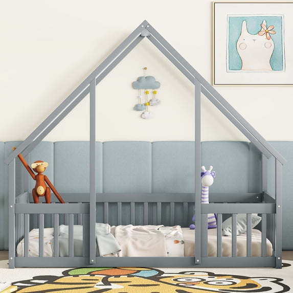 Leumius Twin Wood House-Shaped Floor Bed with Fence, Guardrails for Boys Girls Grey