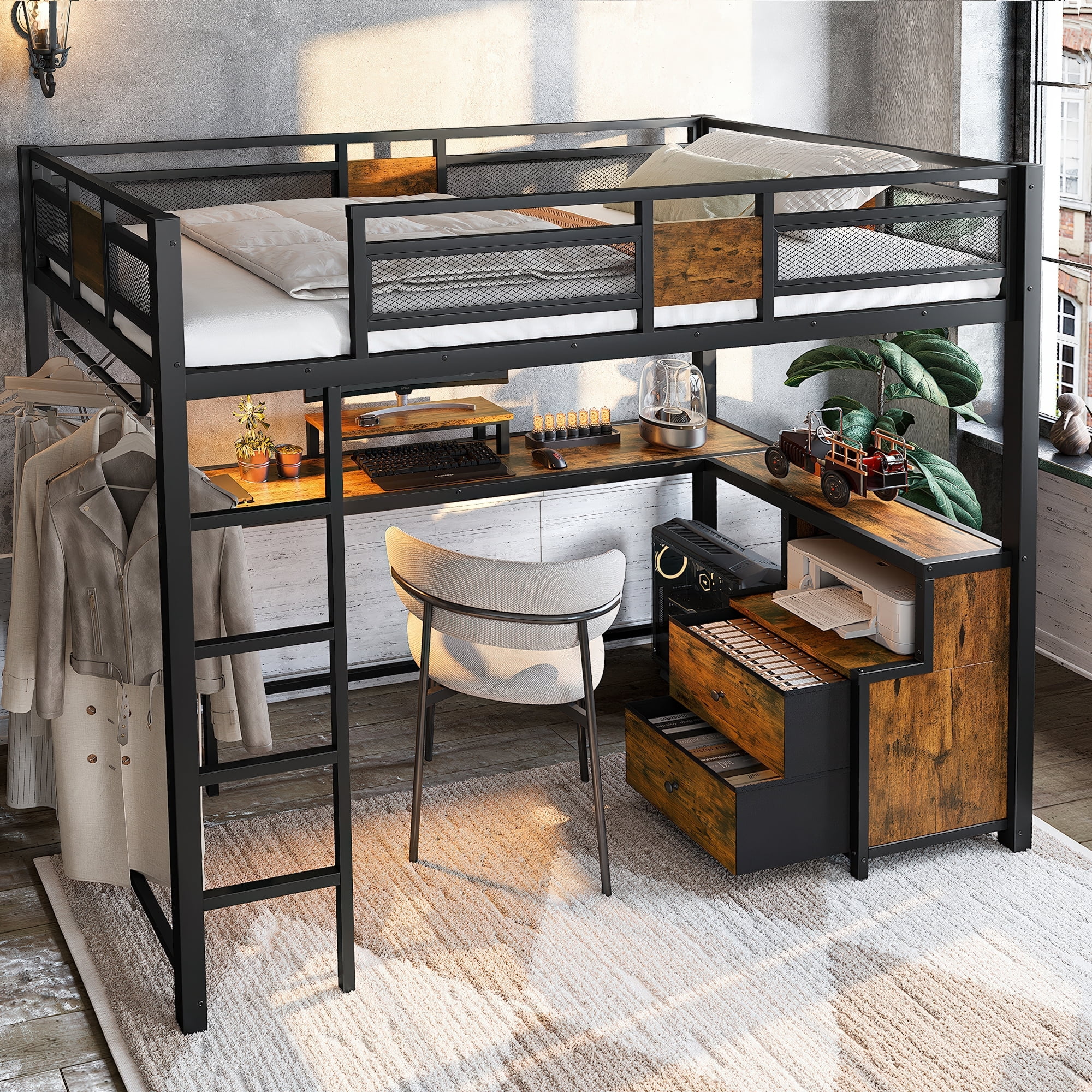 Leumius Twin XL Loft Bed with Desk and Storage Non-woven Fabric Drawers, Metal Loft Bed Frame with Ladders, Nosie-free and No Spring Box Needed for Teens Adults Black