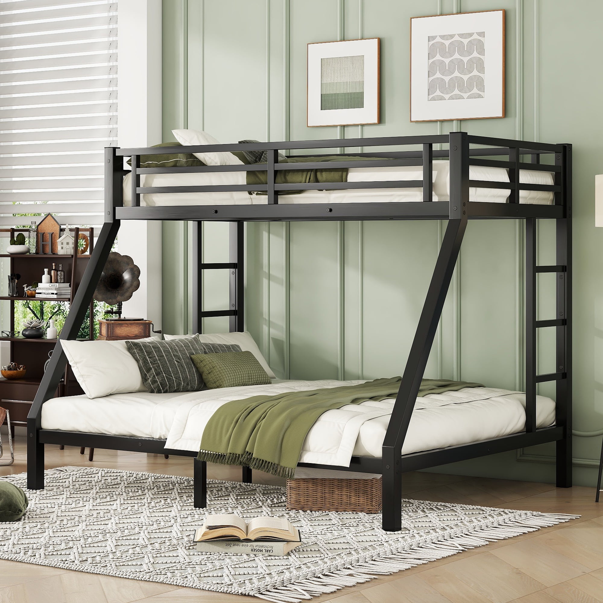 Leumius Twin XL over Queen Bunk Bed for Teens and Adults,Heavy Duty Metal Bed Frame with 2 Side Ladders,Space-Saving/Noise Reduced/No Box Spring Needed,Black