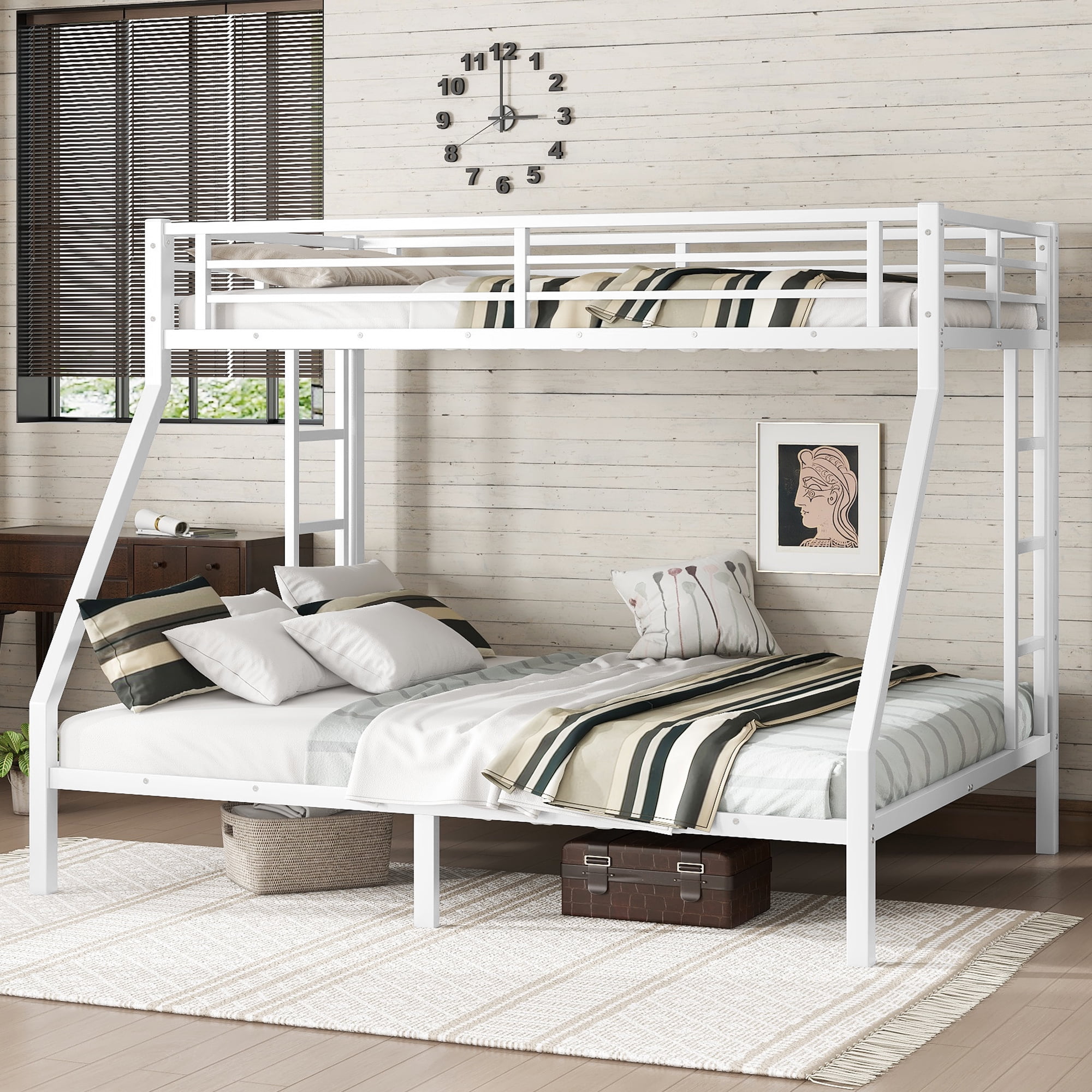 Leumius Twin XL over Queen Bunk Bed for Teens and Adults,Heavy Duty Metal Bed Frame with Full-Length Guardrail and Ladders,Space-Saving/Noise Reduced/No Box Spring Needed,Off White