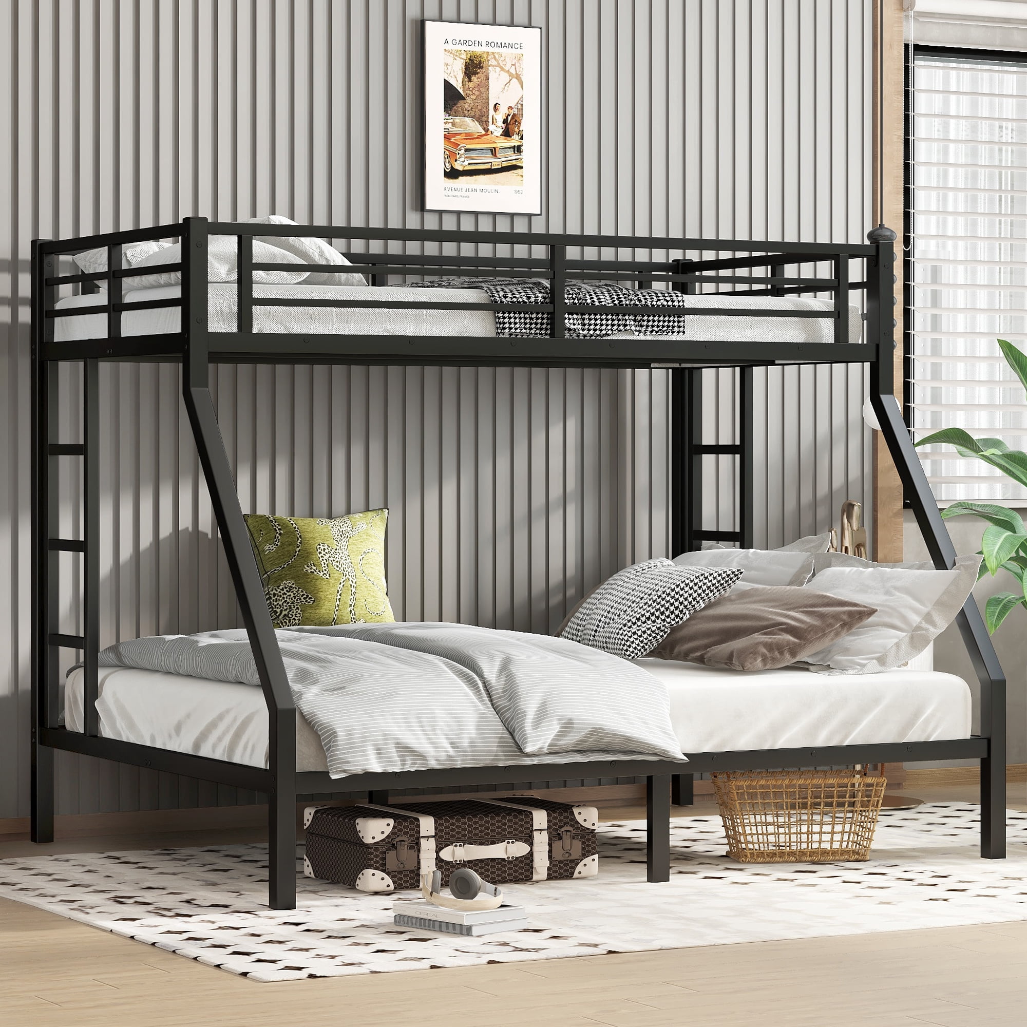 Leumius Twin XL over Queen Bunk Bed for Teens and Adults,Heavy Duty Metal Bed Frame with Full-Length Guardrail and Ladders,Space-Saving/Noise Reduced/No Box Spring Needed,Black