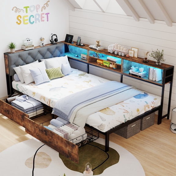 Full Storage Daybed with High Bookcase & 6 Drawers, Corner Bed Frame ...