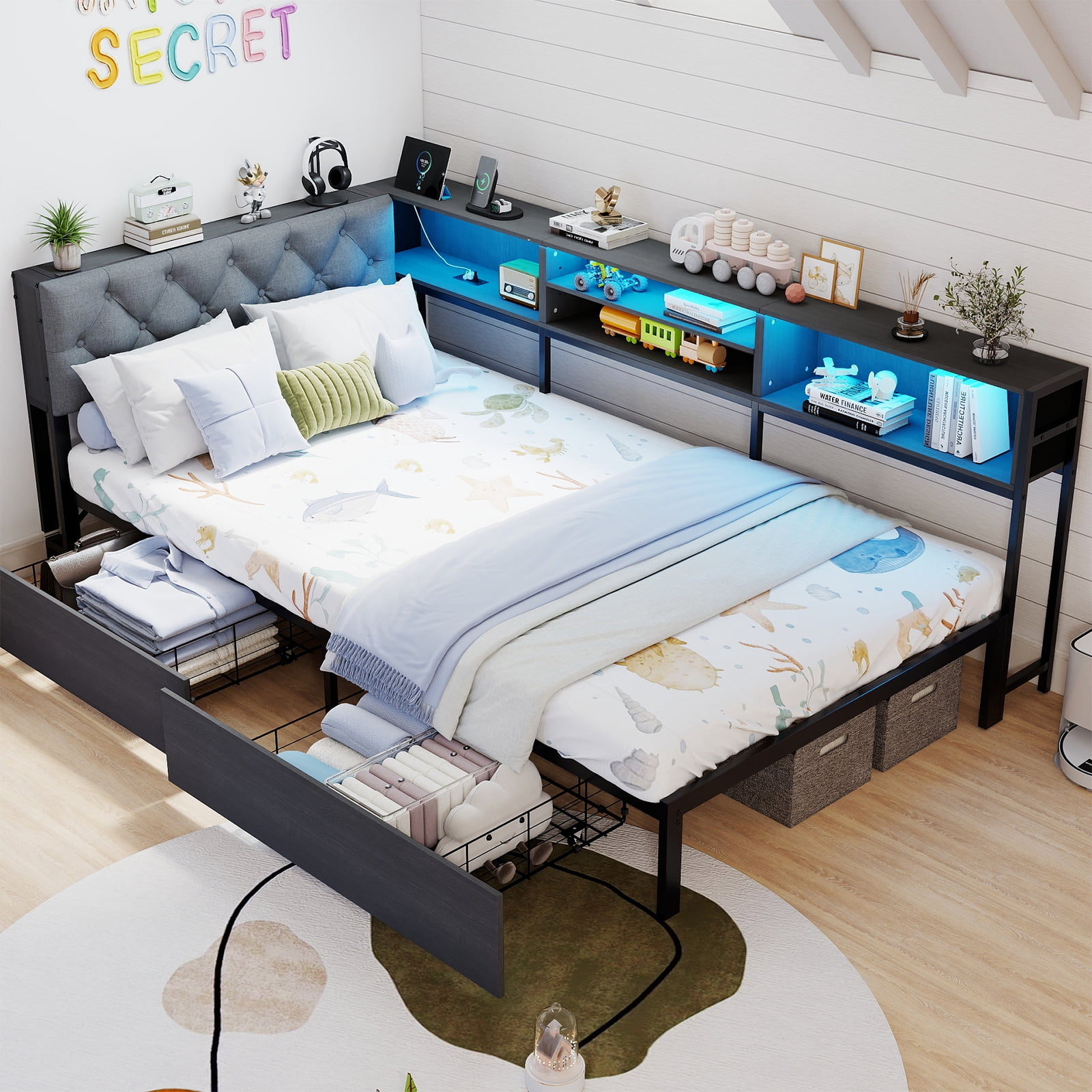 Leumius Twin XL Size Corner Daybed Frame, Upholstered Headboard with Bookcase Storage, 2 Drawers LED Lights & Charging Station, Noise‑Free Metal Bed Frame Gray