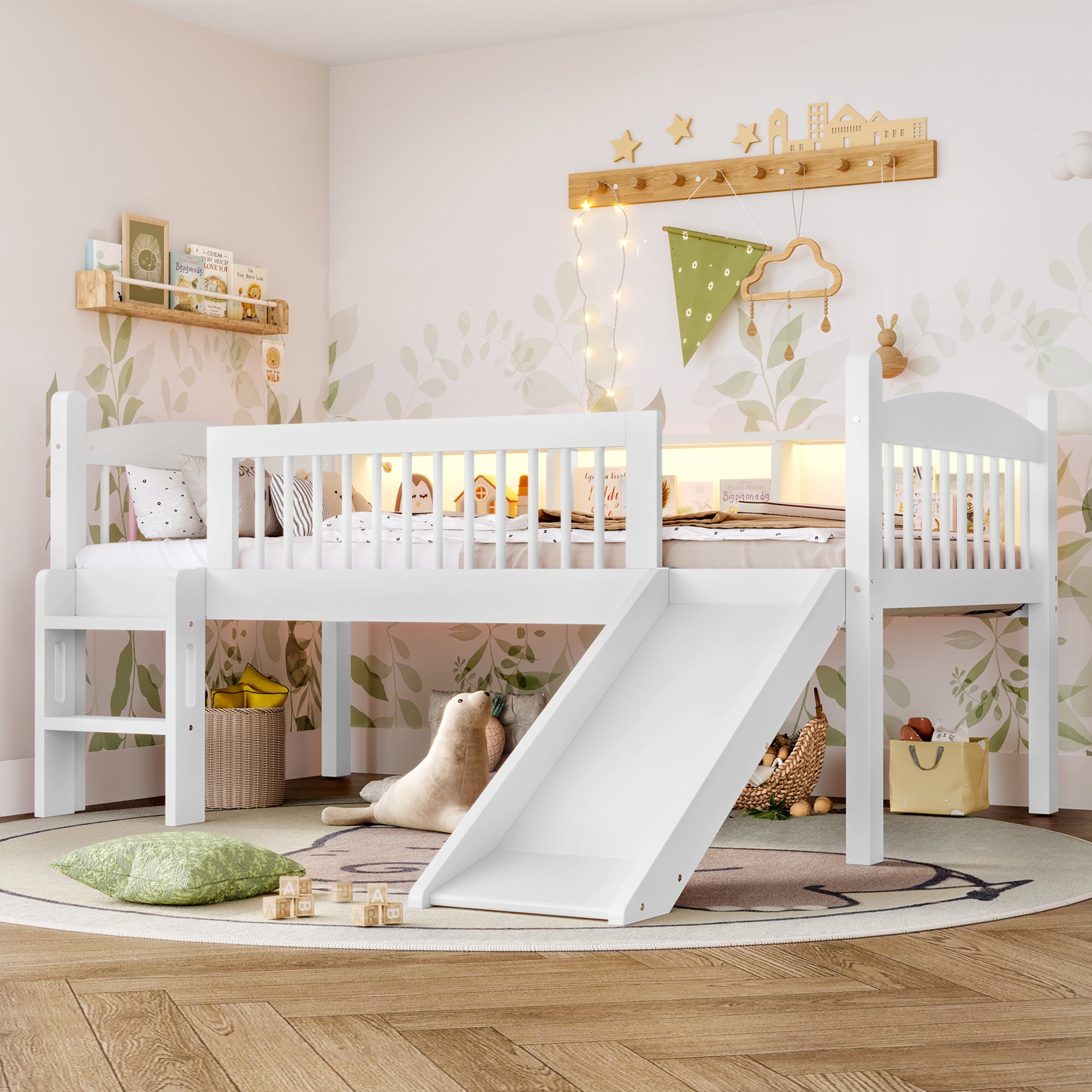 Leumius Twin XL Size Loft Bed with Slide,Solid Wood Loft Bed Frame with Storage Shelves,LED Lights and Full-length Guardrails,No Box Spring Needed,White