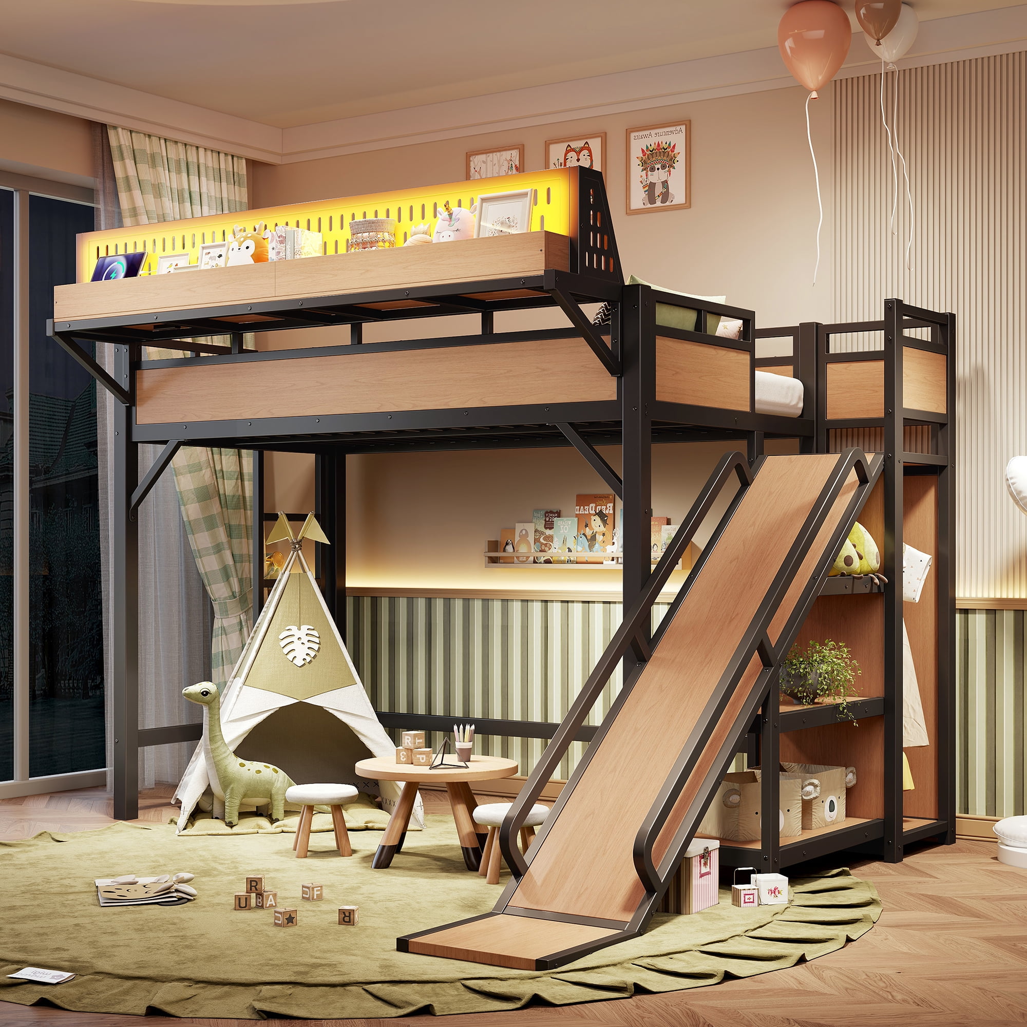 Leumius Twin XL Size Loft Bed with Slide,Storage Shelves and Built-in Wardrobe,Metal Loft Bed Frame with USB Ports and LED Lights,Pegboard,Safety and Solid,