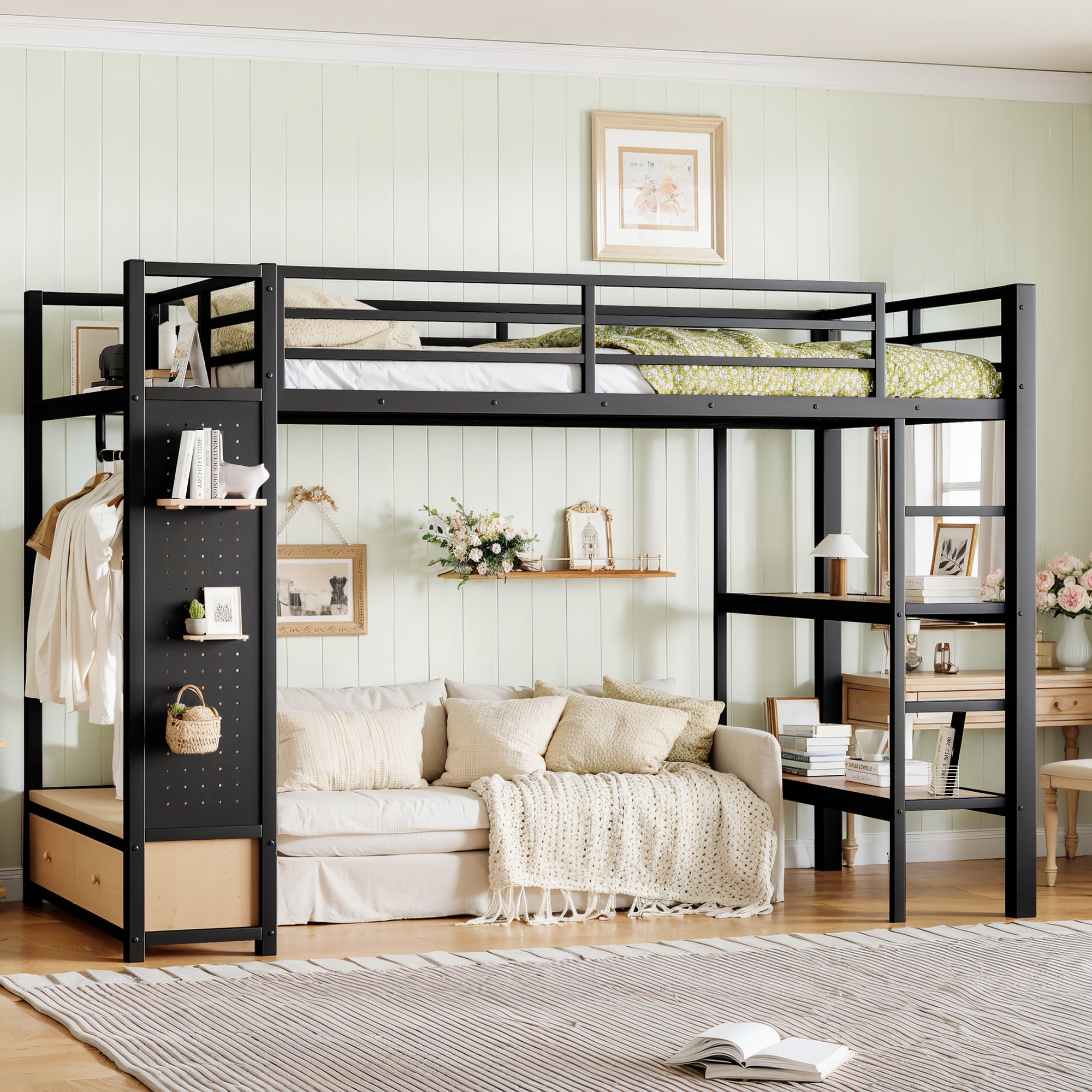 Leumius Twin XL Size Loft Bed with Built-in Wardrobe,Heavy Duty Metal Loft Bed with Storage Shelves and Pegboard,Space-Saving,Black