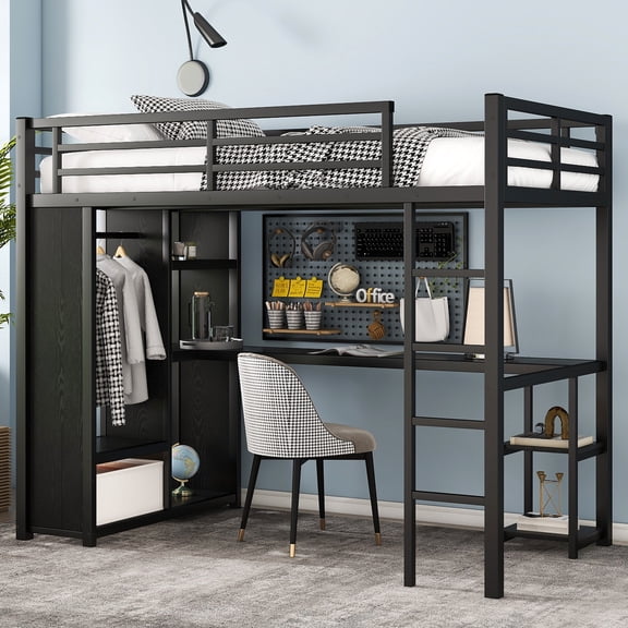 Leumius Twin XL Size Loft Bed with Built-in Wardrobe,Metal Loft Bed Frame with Desk and Storage Shelves,Space-Saving,Black