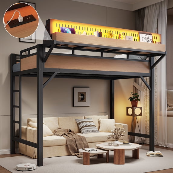 Leumius Twin XL Size Loft Bed with Storage Shelves and Pegboard,Metal Loft Bed Frame with USB Ports and LED Lights,Natural