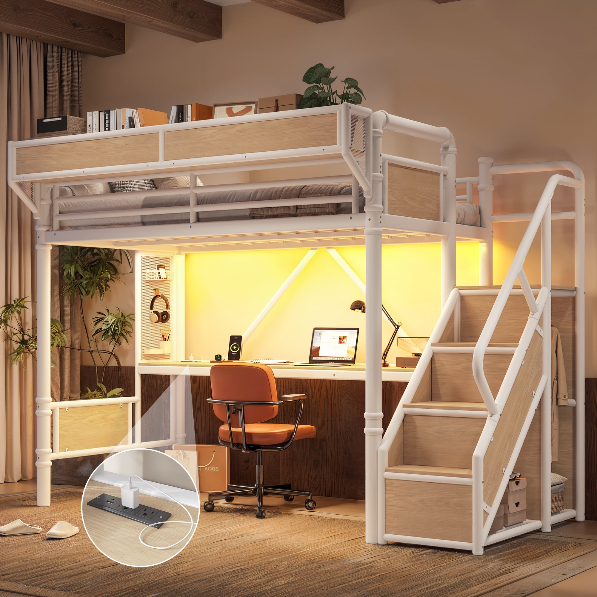 Leumius Twin XL Size Metal Loft Bed with Built-in Desk & Power Outlet, LED Strip, Industrial Metal Loft Bed Frame with Pegboard & Mesh Storage Baskets, Storage Stairs with Wardrobe, White