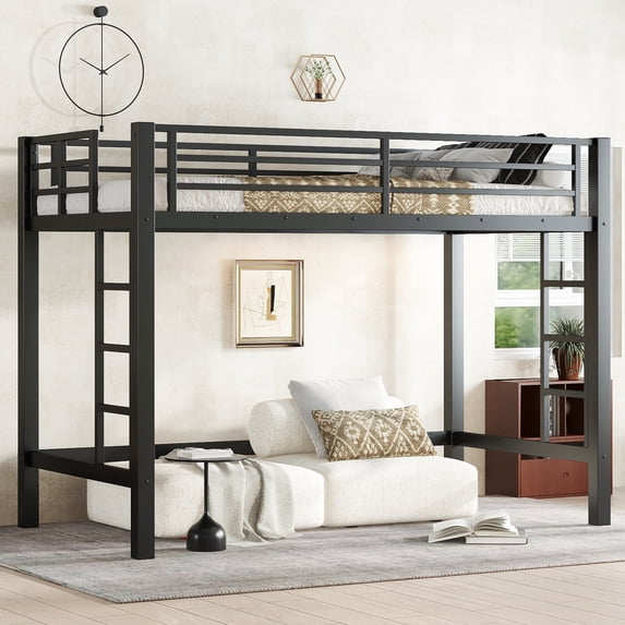 Leumius Twin XL Size Metal Loft Bed Frame, Loft Bed with Easy Climbing Ladder and Guardrails for Kids Teens Adults Black