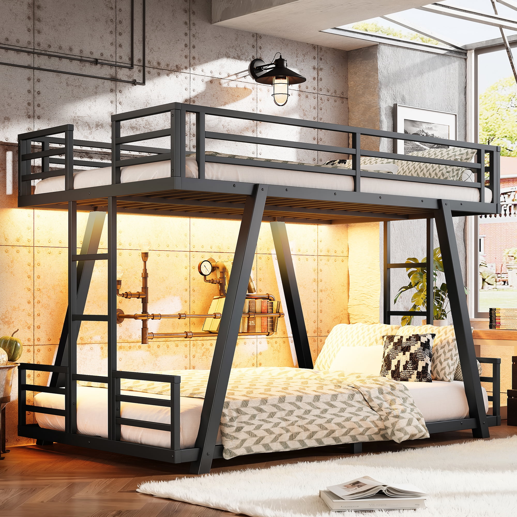 Leumius Twin XL over Twin XL Bunk Bed Frame with 2 Side Ladders, Metal Bunk Bed with Spdcial Support Leg Design and LED Light, Low Profile Bunk Bed for Teens Adults Black