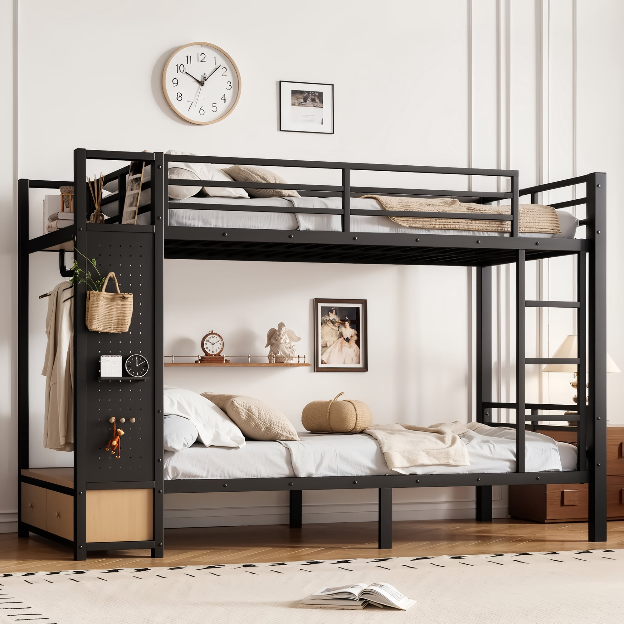 Leumius Twin XL over Twin XL Metal Bunk Bed with Built-in Wardrobe,Heavy Duty Loft Bed Frame with Storage Shelves,Drawers and Pegboard,Space-Saving,Black