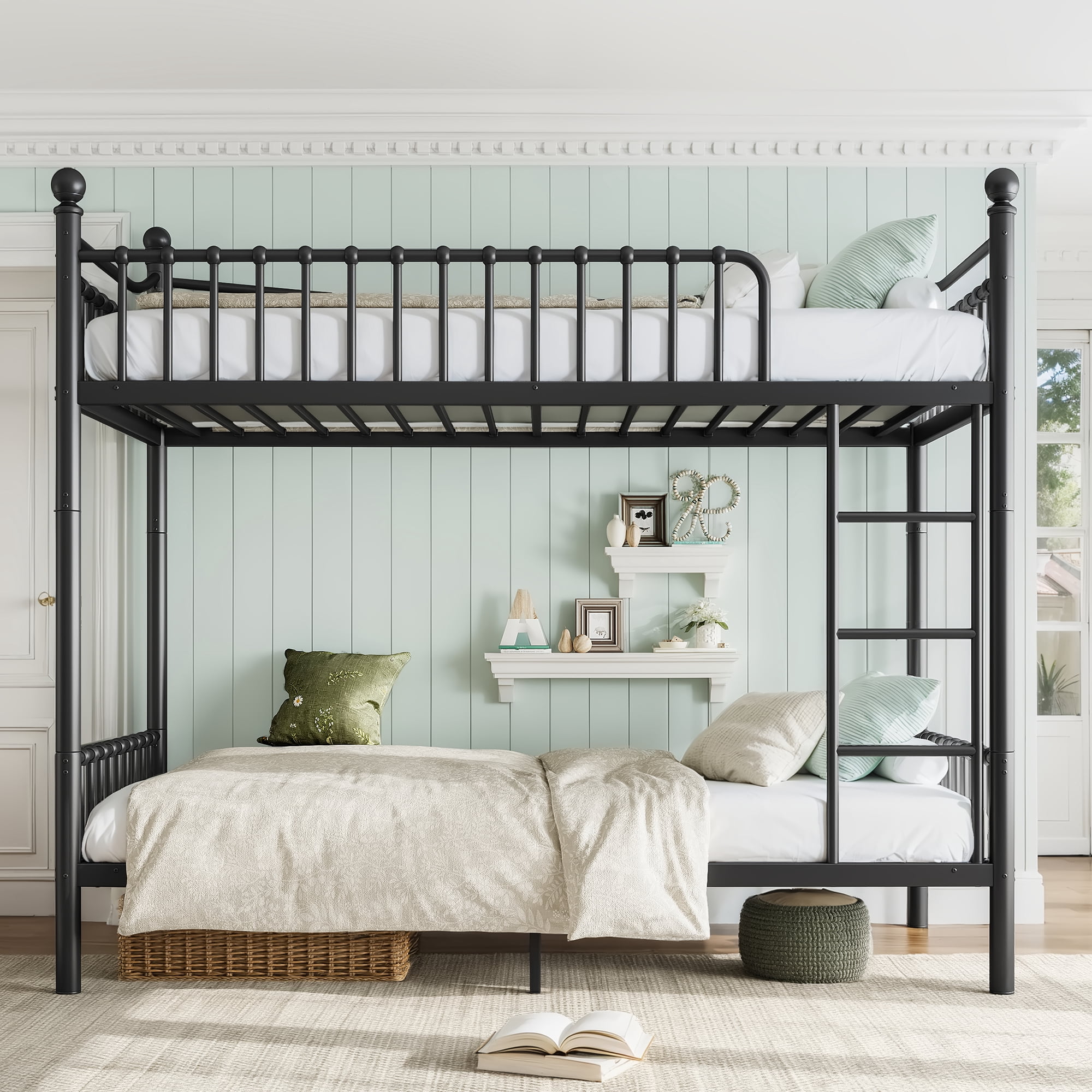 Leumius Twin XL over Twin XL Metal Bunk Bed with Unique Curved Guardrail Design, Round Tube Bunk Bed Frame, Metal Bunk Bed Frame for Kids Teens Adults Black