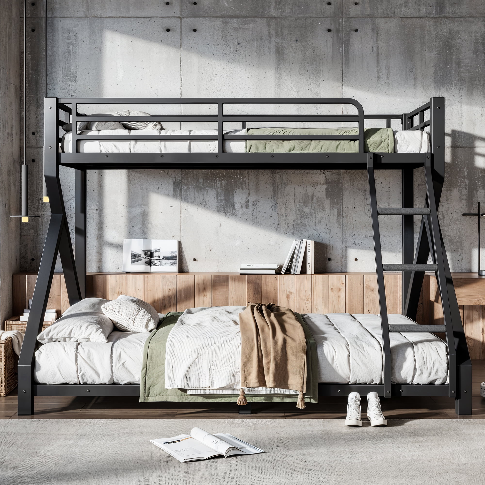 Leumius Twin XL over Queen Bunk Bed Frame with Ladders, Metal Bunk Bed with Full Upgraded Support Slats, Low Profile Bunk Bed for Teens Adults Black