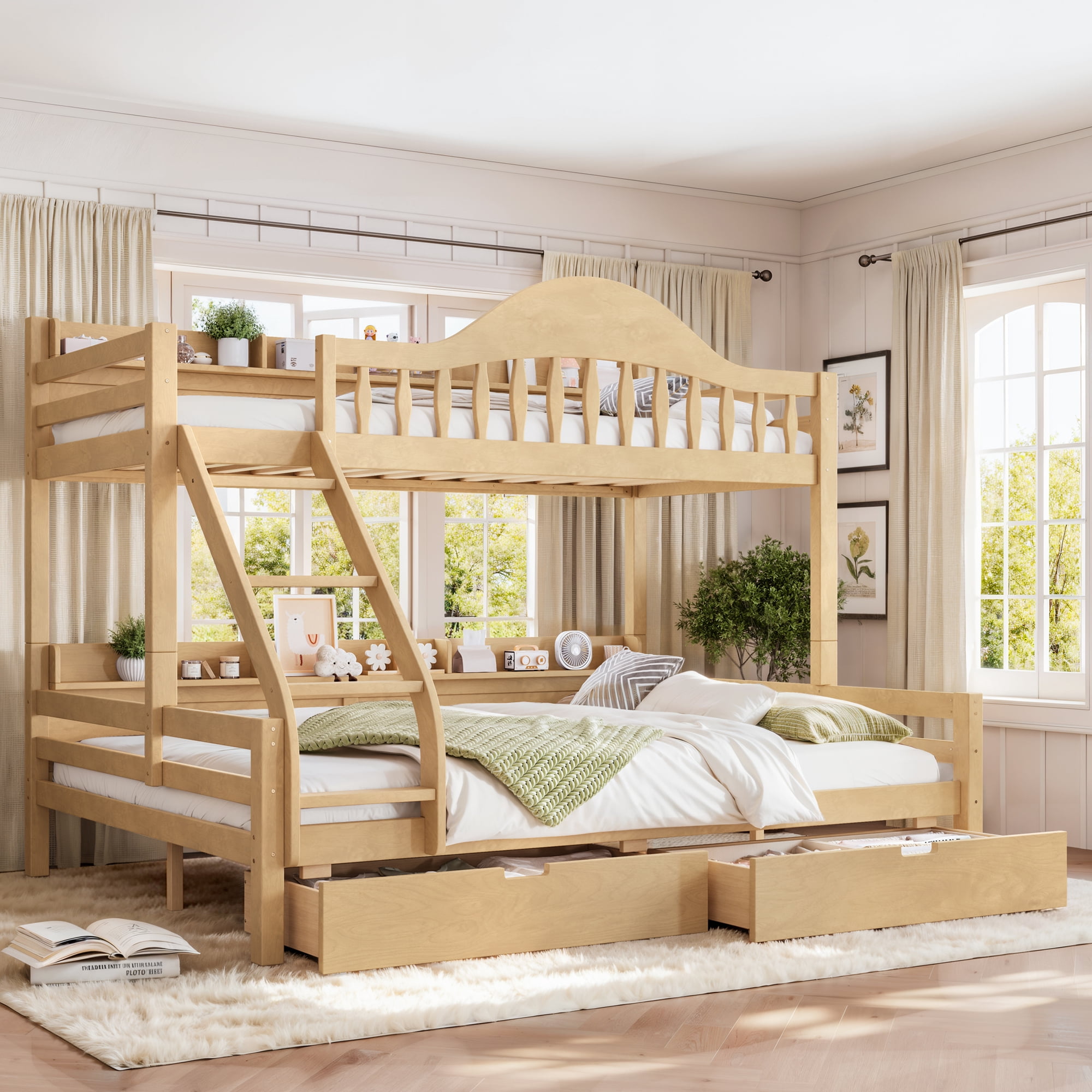 Leumius Twin XL over Queen Bunk Bed with Storage Drawers, Chic Curved Guardrail & Side Storage Shelves, Bunk Bed Frame with Ladder Natural