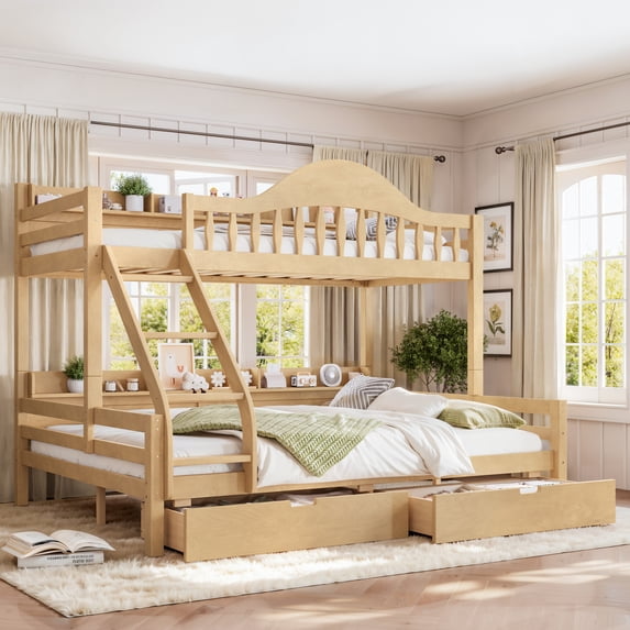 Leumius Twin XL over Queen Bunk Bed with Storage Drawers, Chic Curved Guardrail & Side Storage Shelves, Bunk Bed Frame with Ladder Natural