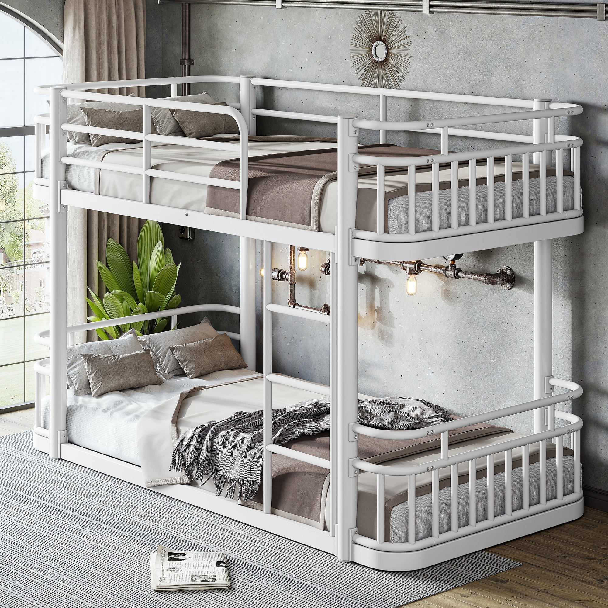 Leumius Twin XL over Twin XL Bunk Bed Frame with Ladders & Guardrails, Upgraded Round-Pipe Metal Frame, Stylish & Versatile for Any Room,White