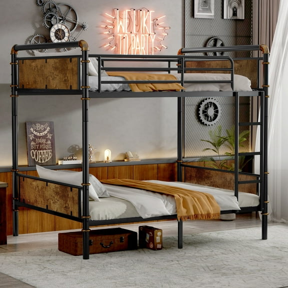 Leumius Twin XL over Twin XL Bunk Bed, Industrial Wood Detachable Bunk Bed with Safety Guard Rails for Adult & Kids, Black