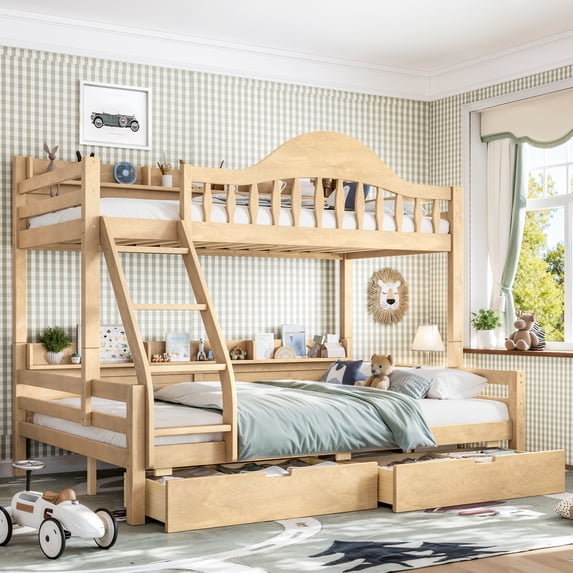 Leumius Twin over Full Bunk Bed with Storage Drawers, Chic Curved Guardrail & Side Storage Shelves, Bunk Bed Frame with Ladder Natural