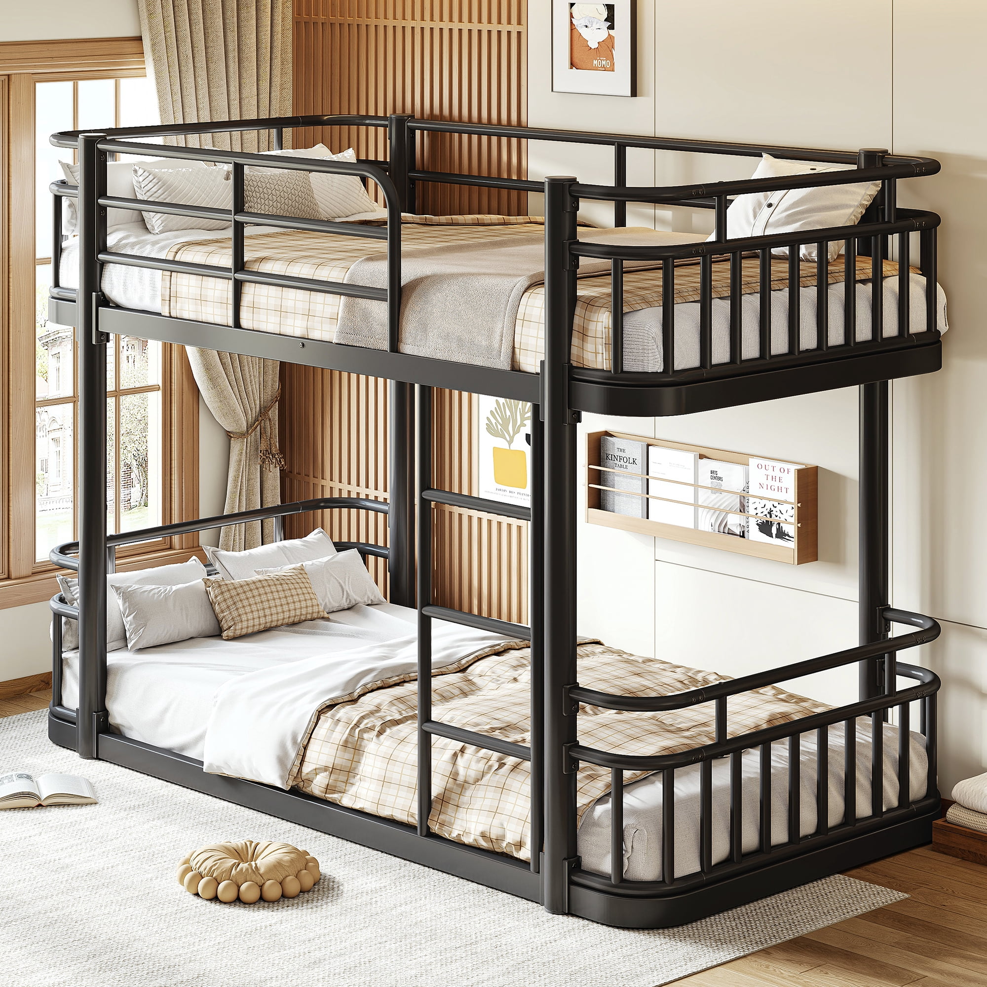 Leumius Twin over Twin Bunk Bed Frame with Ladders & Guardrails, Upgraded Round-Pipe Metal Frame, Stylish & Versatile for Any Room,Black