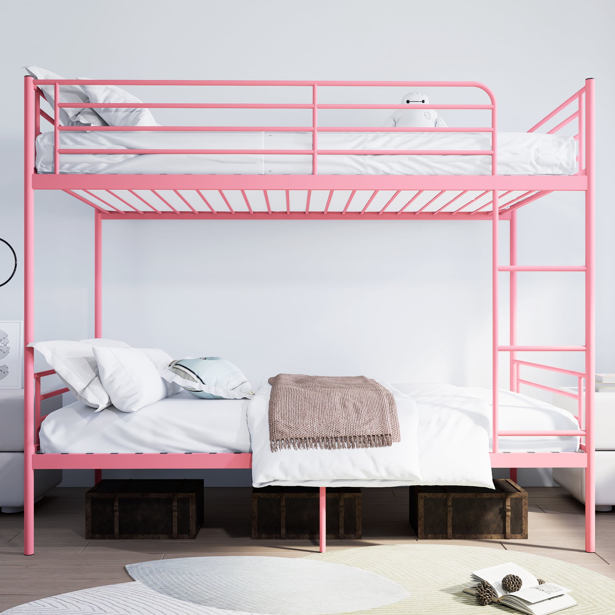 Leumius Twin over Twin Bunk Bed,Metal Bed Frame with Ladder and Guardrail,Noise Free,Easy Assemble,Able to Split 2 Bed,Pink