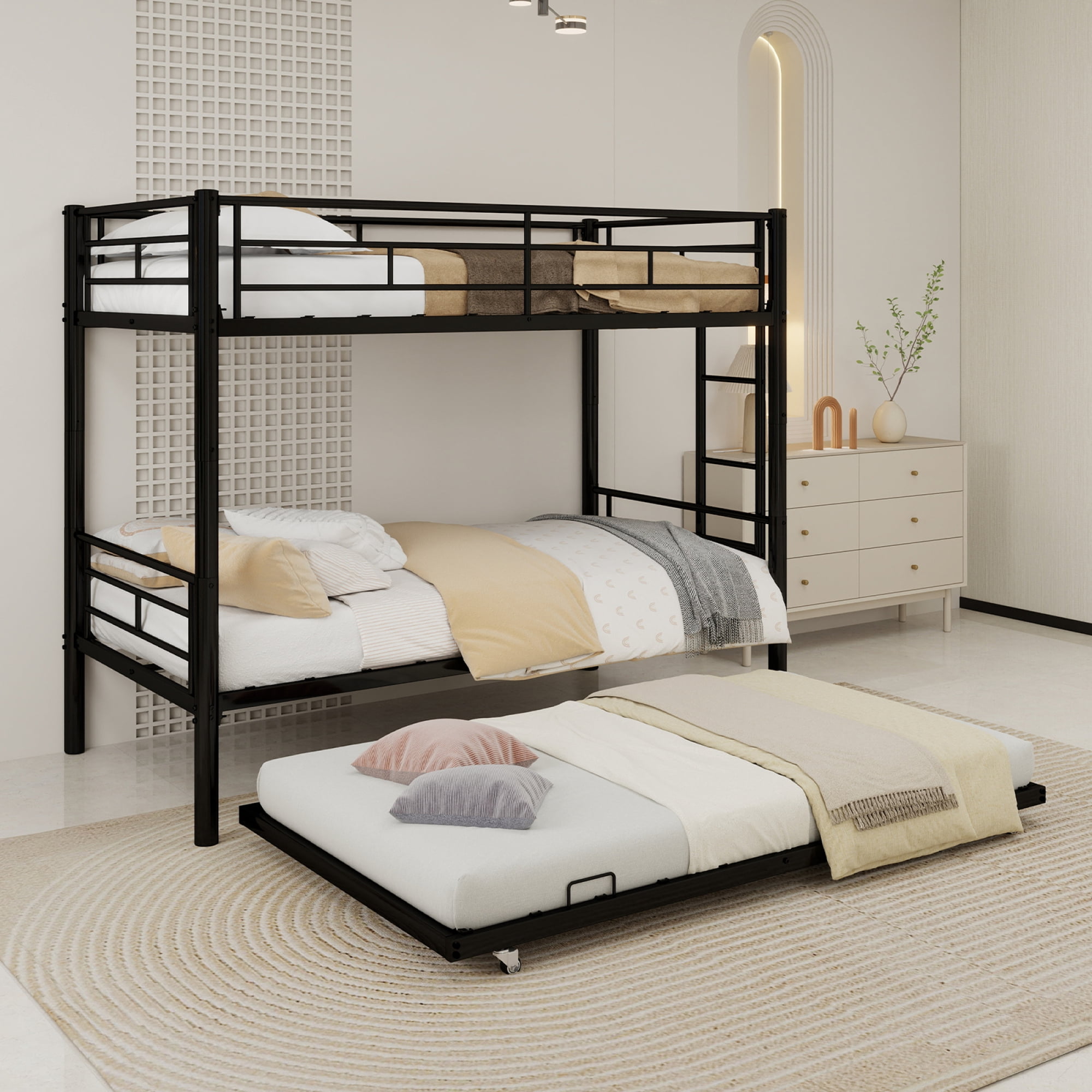 Leumius Twin over Twin Bunk Bed with Trundle,Heavy Duty Metal Bed Frame with Sturdy Guardrail and Ladders for Kids & Adults,Triple Bunk Bed,Black
