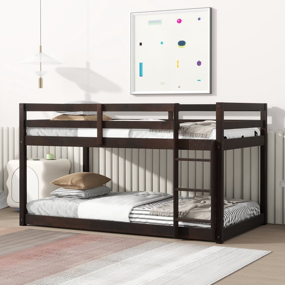 Leumius Twin over Twin Floor Bunk Bed with Ladder ,Upper and Bottom Bed Platforms Crafted with Strengthened Slats for Boys Girls Espresso