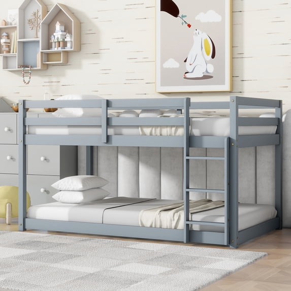 Leumius Twin over Twin Floor Bunk Bed with Ladder ,Upper and Bottom Bed Platforms Crafted with Strengthened Slats for Boys Girls Grey