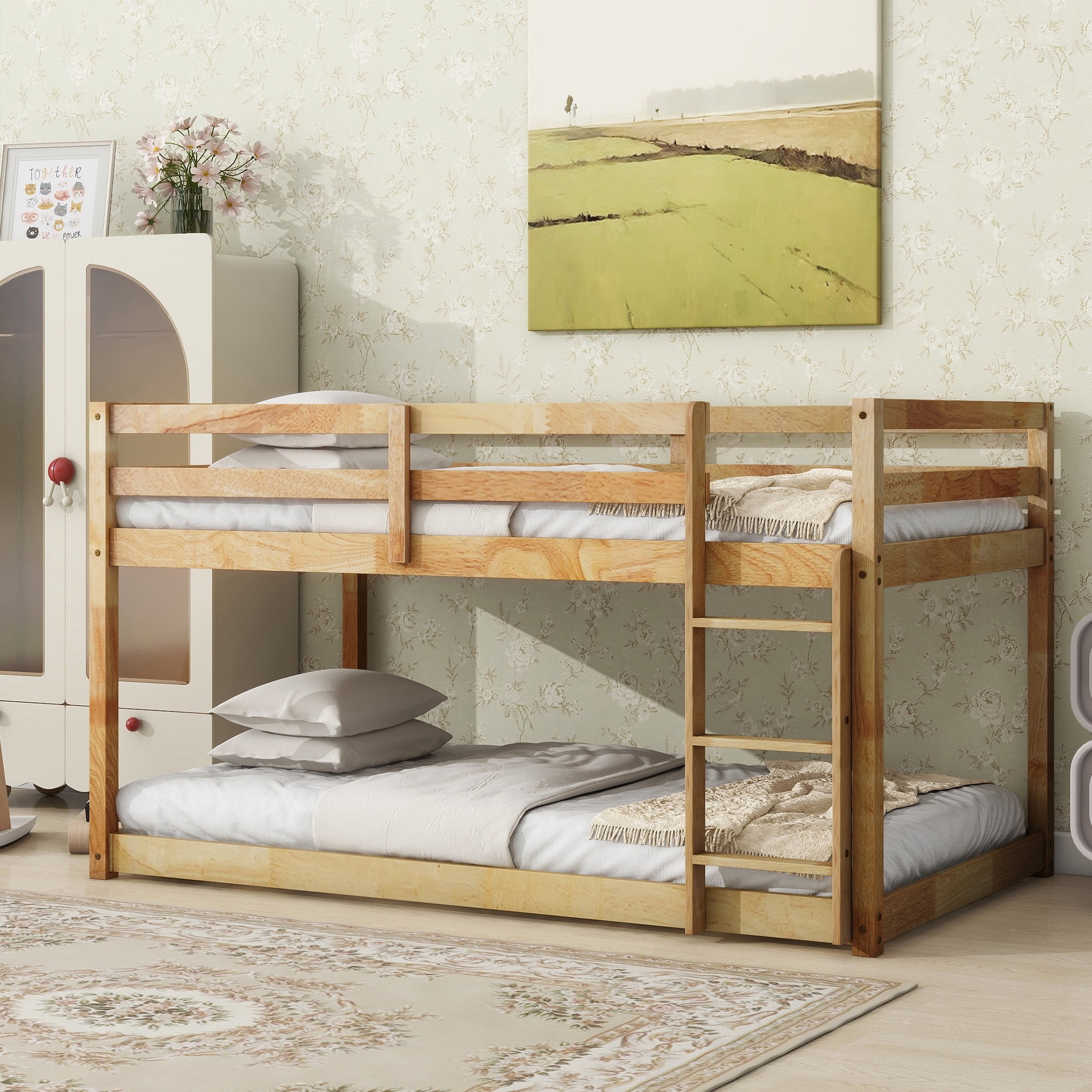 Leumius Twin over Twin Floor Bunk Bed with Ladder ,Upper and Bottom Bed Platforms Crafted with Strengthened Slats for Boys Girls Natural