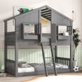 thumbnail image 1 of Leumius Twin over Twin Floor Bunk Bed with Ladder and Guardrails, House-Shaped-Bunk Bed with Window and Door for Boys Girls Grey, 1 of 9