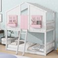 thumbnail image 1 of Leumius Twin over Twin Floor Bunk Bed with Ladder and Guardrails, House-Shaped-Bunk Bed with Window and Door for Boys Girls Pink+White, 1 of 9