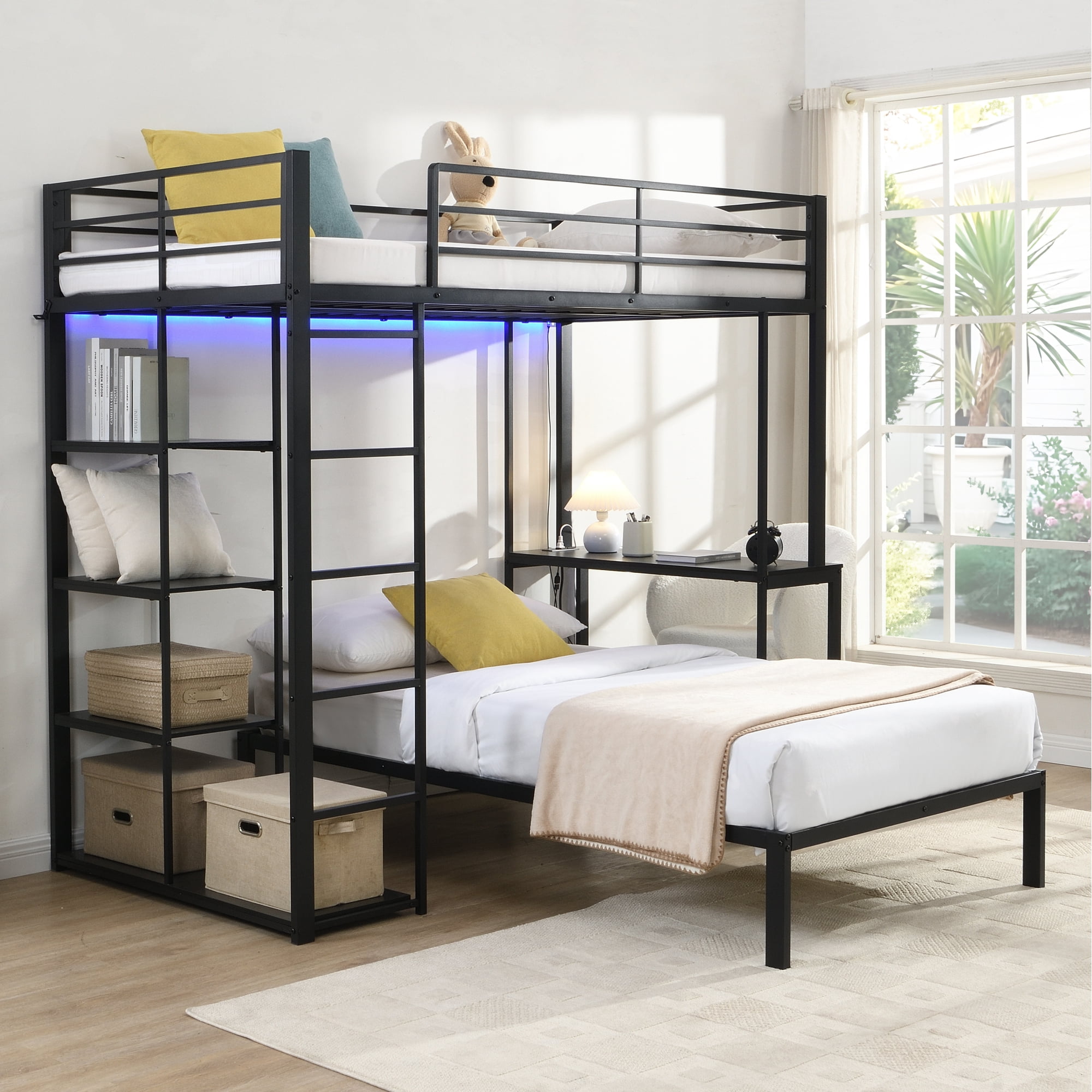 Leumius Twin over Twin Metal Loft Bed Frame with LED Light Strip, Side Storage Shelves & Built-in Desk, Metal Bunk Bed for Dorm Apartment Guest Room