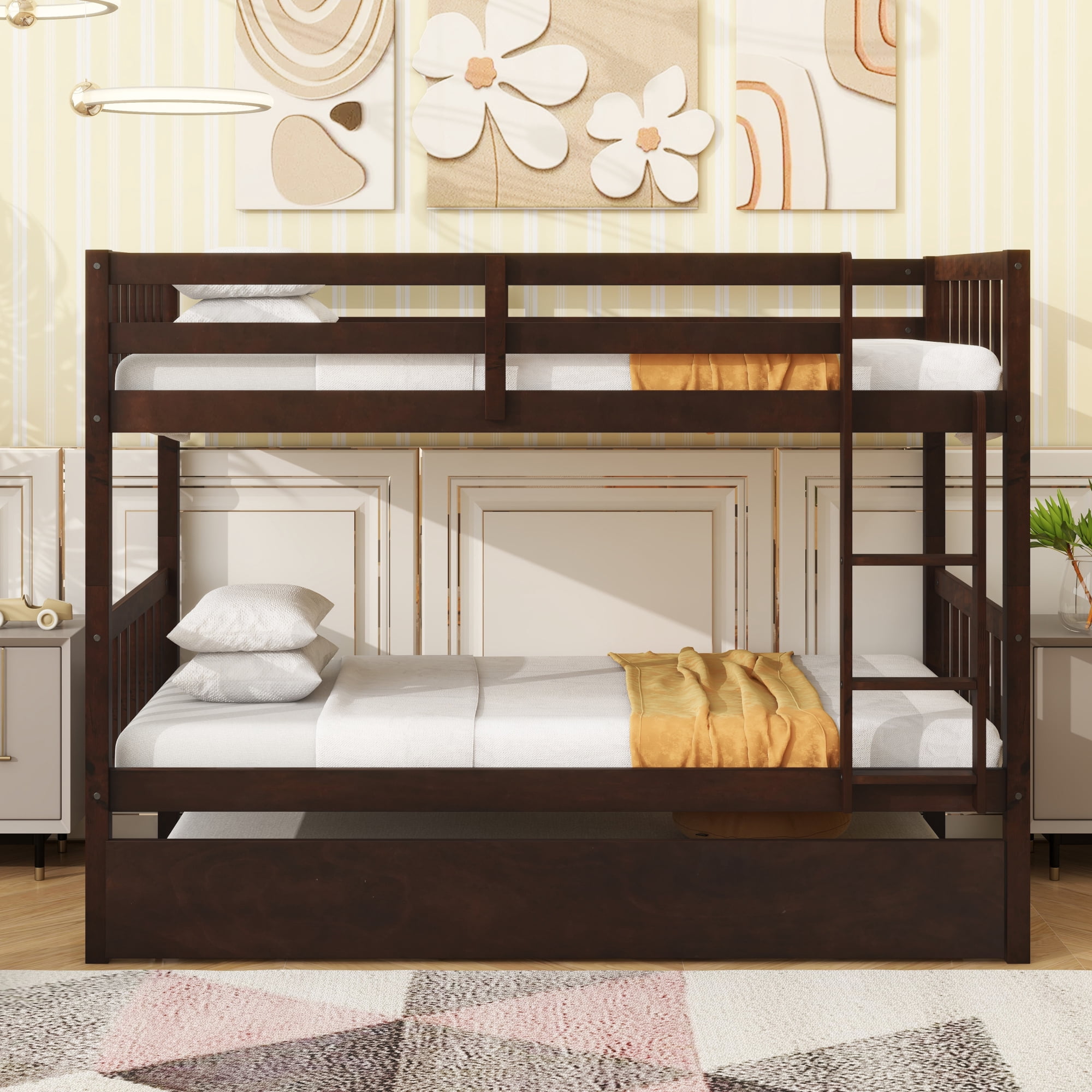 Leumius Twin over Twin Size Bunk Bed Frame with Trundle, Twin Size Bunk Bed with Ladder and Safety Guardrails for Boys Girls Espresso