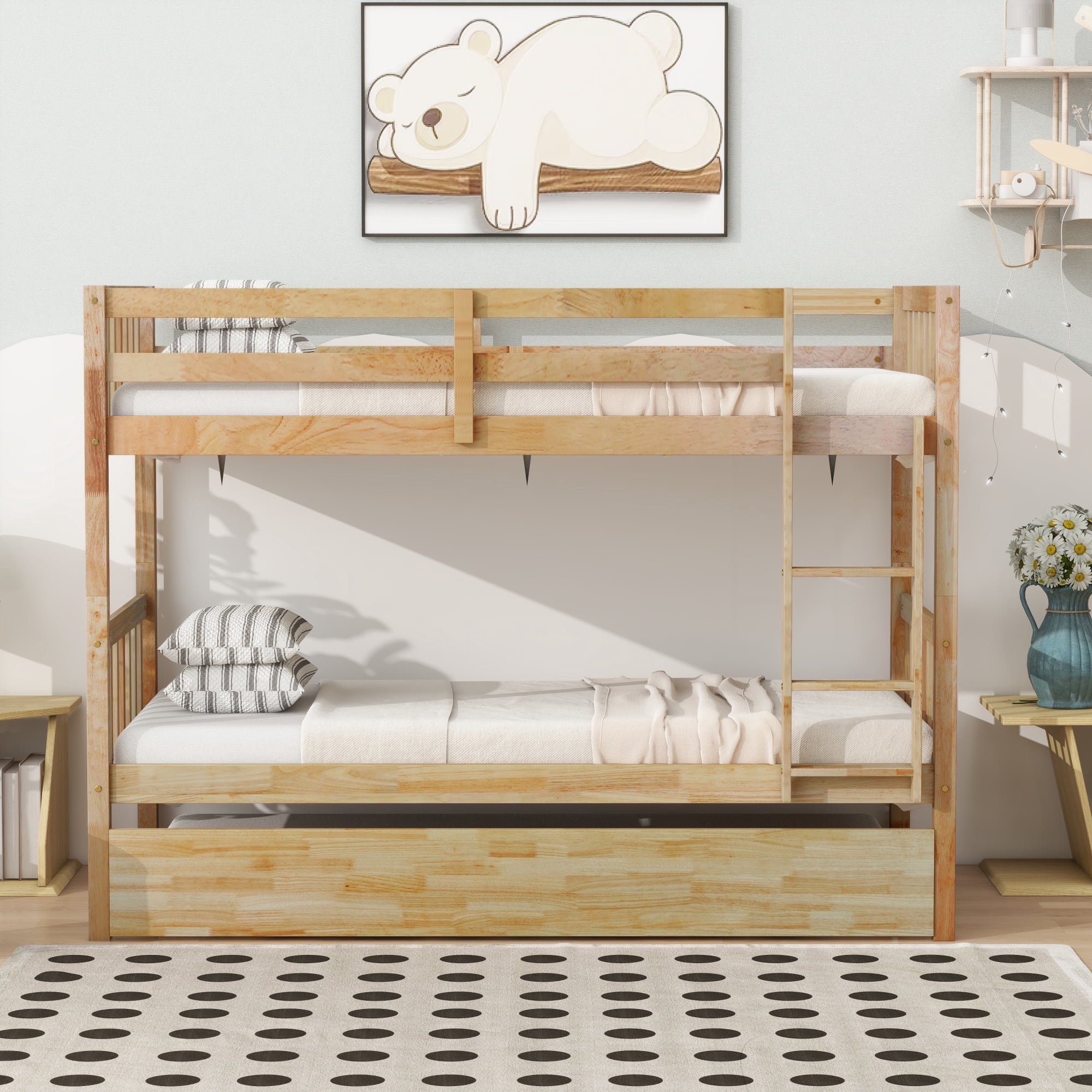 Leumius Twin over Twin Size Bunk Bed Frame with Trundle, Twin Size Bunk Bed with Ladder and Safety Guardrails for Boys Girls Oak