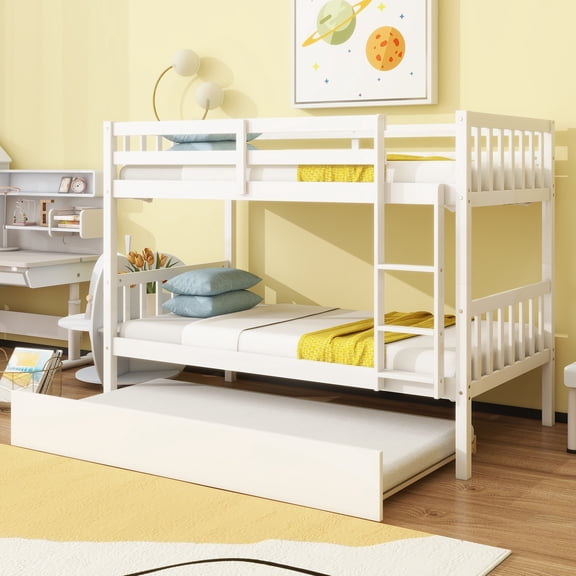 Leumius Twin over Twin Size Bunk Bed Frame with Trundle, Twin Size Bunk Bed with Ladder and Safety Guardrails for Boys Girls White