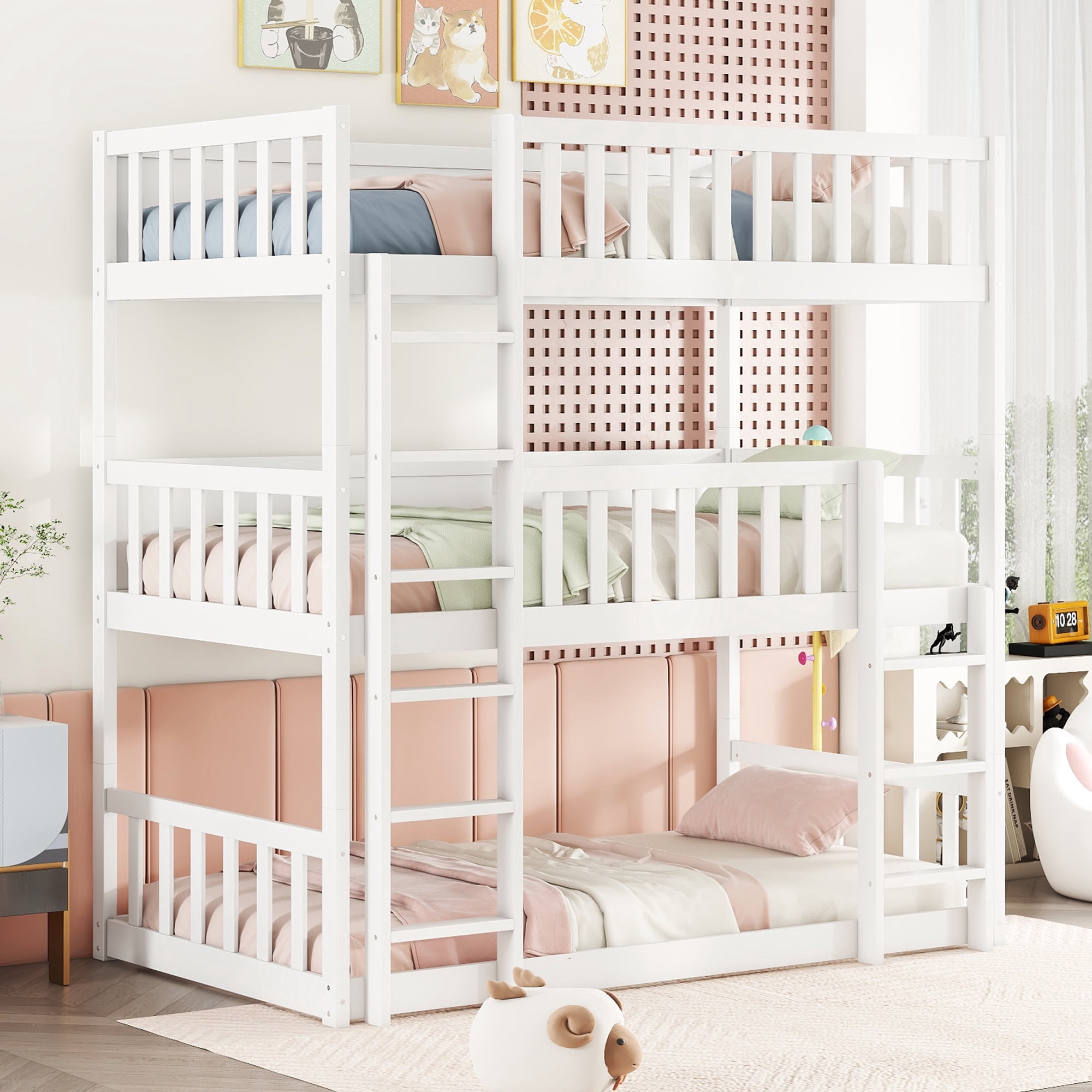 Leumius Twin over Twin over Twin Size Triple Bed Frame with Ladders and Guardrails,Detachable Bunk Bed for Boys Girls White