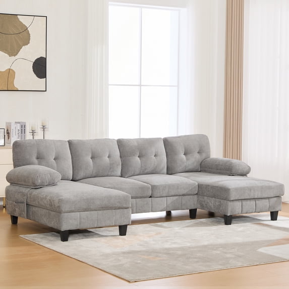 Leumius U Shaped Sectional Sofa, 103.5" Chenille Fabric Couch with Double Chaise Lounges, U Shaped Couch for Living Room, Gray