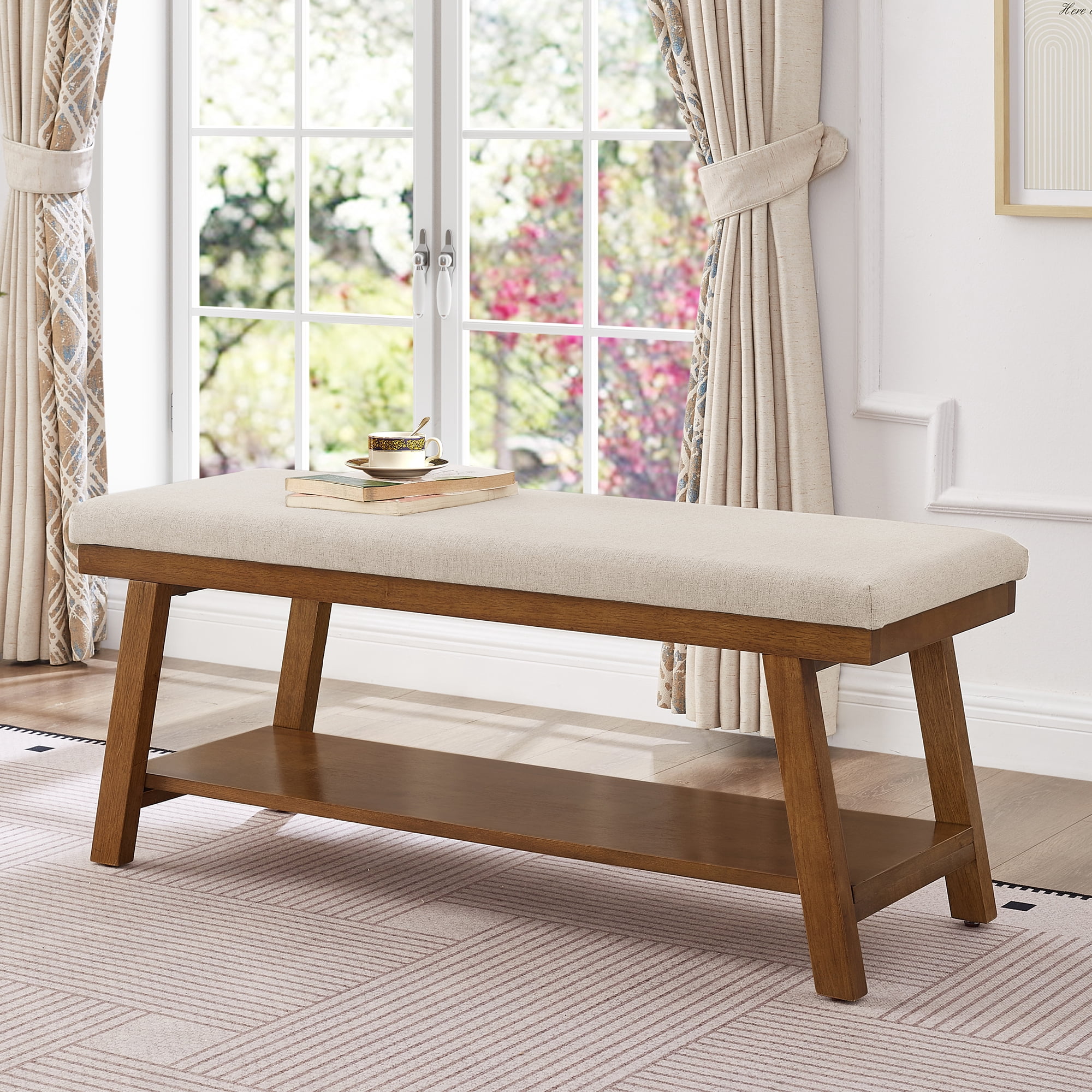 Leumius Upholstered Bench with Storage Shelf,Modern Linen Fabric with Cushioned Seat for Bedroom, Entryway, Living Room,350 lbs Capacity,Beige
