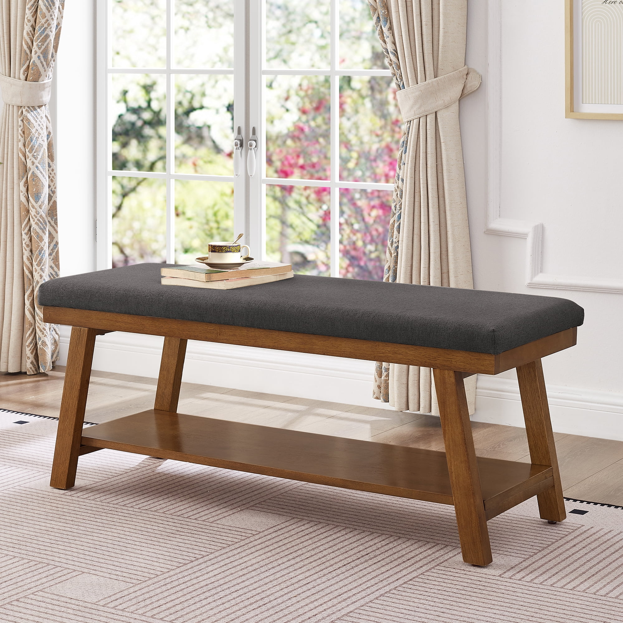 Leumius Upholstered Bench with Storage Shelf,Modern Linen Fabric with Cushioned Seat for Bedroom, Entryway, Living Room,350 lbs Capacity,Dark Gray