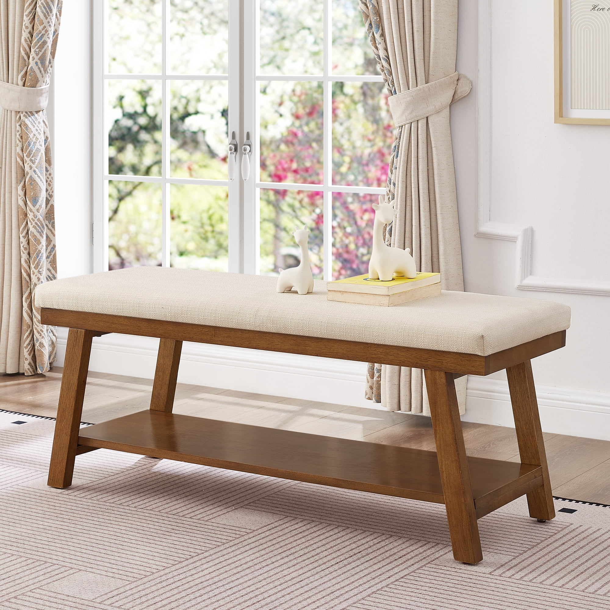 Leumius Upholstered Bench with Storage Shelf,Modern Linen Fabric with Cushioned Seat for Bedroom, Entryway, Living Room,350 lbs Capacity,Ivory