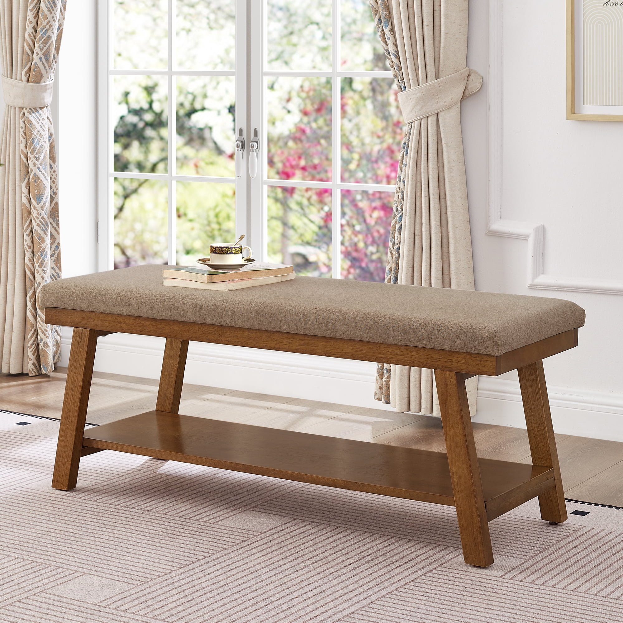 Leumius Upholstered Bench with Storage Shelf,Modern Linen Fabric with Cushioned Seat for Bedroom, Entryway, Living Room,350 lbs Capacity,Linen
