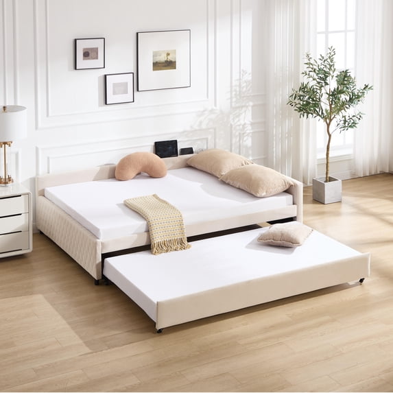 Leumius Upholstered Daybed with Trundle,Sturdy Wooden Bed Frame, Modern Diamond Grid Design for Bedroom Guest Room (Beige)