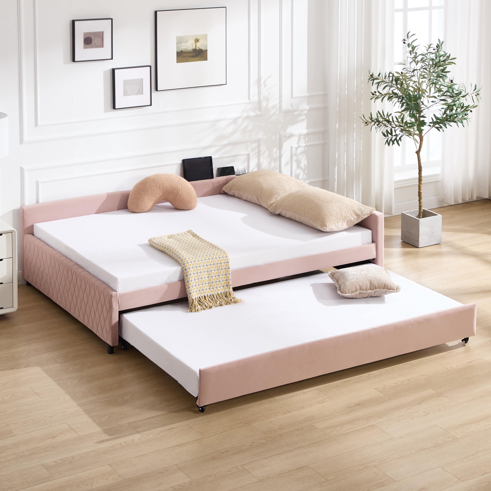 Leumius Upholstered Daybed with Trundle,Sturdy Wooden Bed Frame, Modern Diamond Grid Design for Bedroom Guest Room (Pink)