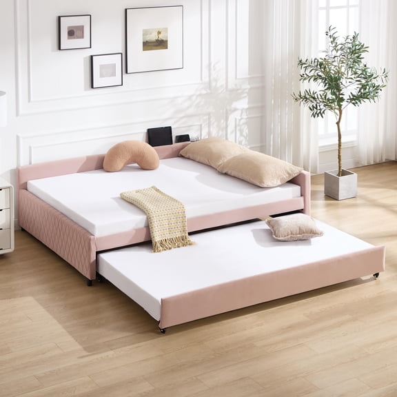 Leumius Upholstered Daybed with Trundle,Sturdy Wooden Bed Frame, Modern Diamond Grid Design for Bedroom Guest Room (Pink)