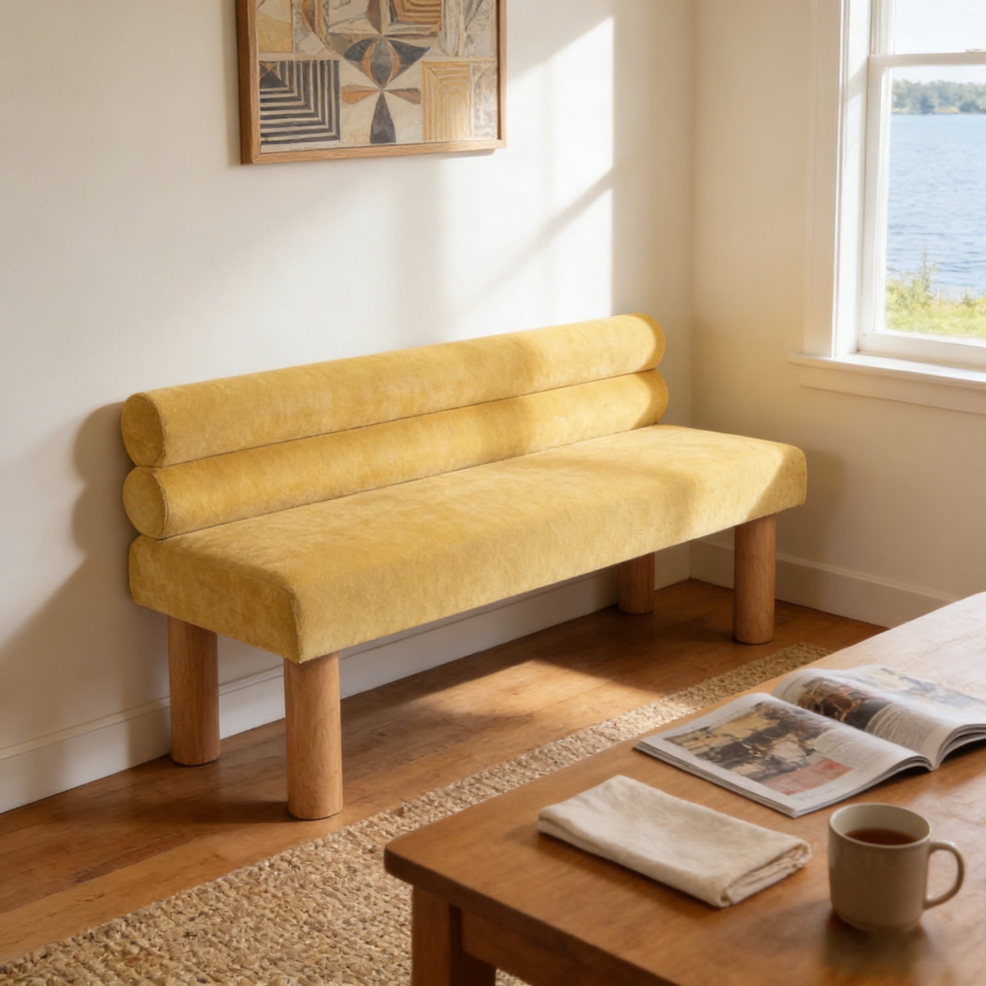 Leumius Upholstered Dining Bench, Entryway Bench, Ottoman for Dining Room, Bedroom, Living Room, Rubber Wood Leg 300 LBS Support, Yellow