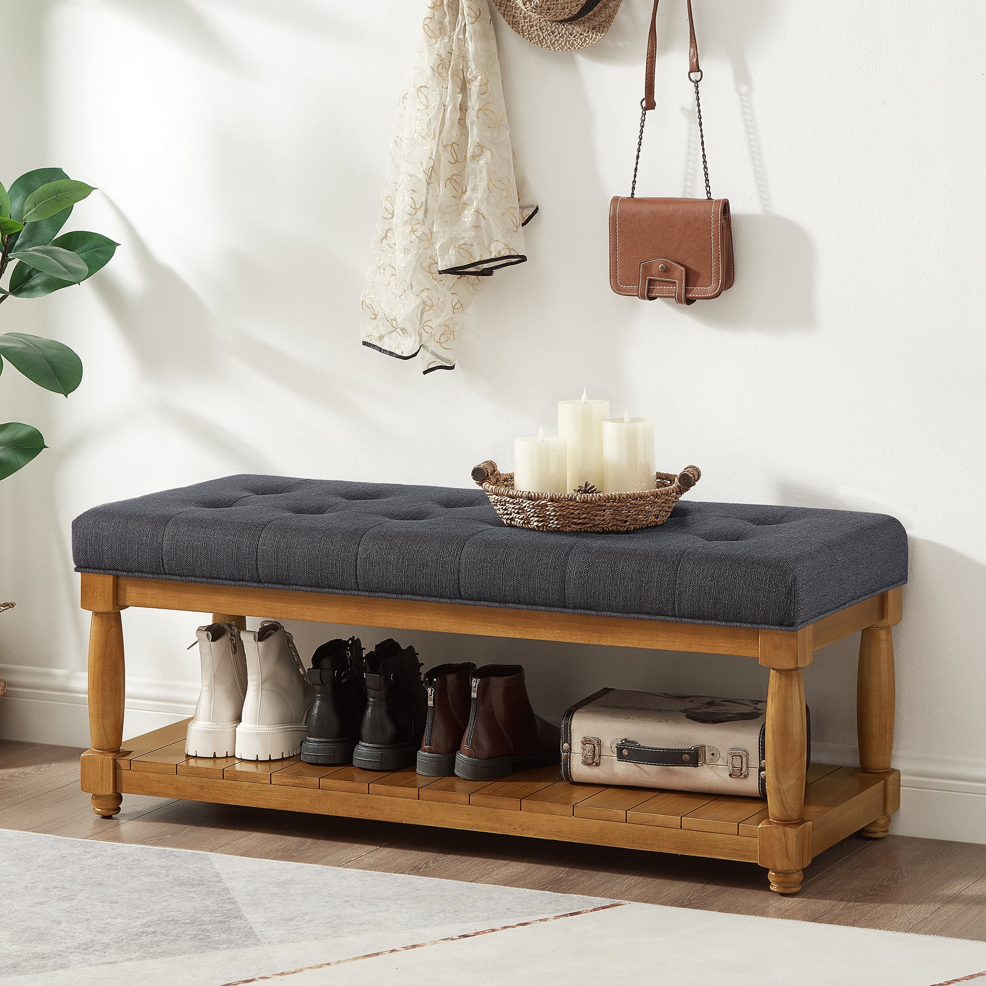 Leumius Upholstered Linen Bench with Storage Shelf, Solid Wood Spindle Legs Accent Furniture Tufted Ottoman Bench for Bedroom Entryway Living Room Charcoal