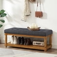 thumbnail image 1 of Leumius Upholstered Linen Bench with Storage Shelf, Solid Wood Spindle Legs Accent Furniture Tufted Ottoman Bench for Bedroom Entryway Living Room Charcoal, 1 of 6